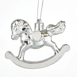 Suspension de Noël cheval de manège argenté avec paillettes blanches pour sapin décor