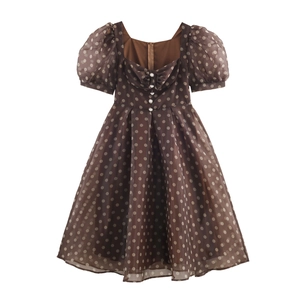 Women Polka Dot Midi Dress Organza Square Neck Short Puff Sleeve Retro Elegant A-Line Artificial Pearl Button Back Zipper