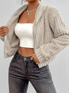 Women's elegant beige fuzzy fleece hooded jacket with full-zip and rib-knit cuffs
