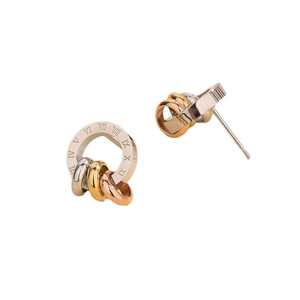 Three-tone roman numeral stud earrings in silver, gold, and rose gold interlocking rings