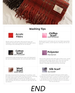 Detail view of the sewn brand label and multi-fabric washing instructions on checkered scarf