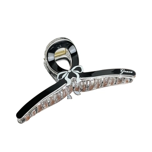 Elegant large black and clear hair claw clip with white bow and Grace inscription