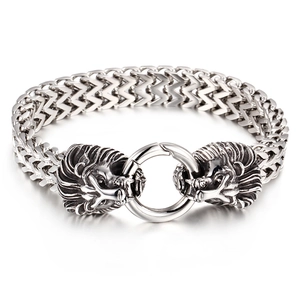Men's stainless steel lion head bracelet with vintage silver braided chain and ring clasp