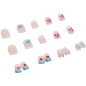 Sweet pink press-on nails set with blue 3D bows and heart patterns 24 pieces