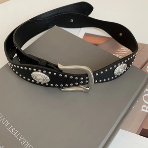 Western-style black leather belt with silver rivets and vintage engraved metal buckles