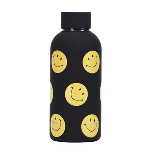 Close-up of matte black stainless steel water bottle with yellow smiley face patterns