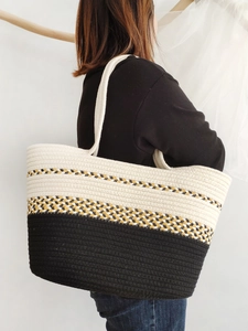 Color-block woven tote bag with cotton cord texture for beach and leisure style