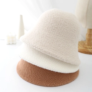 Winter plush knit bucket hats for women in beige white and brown warm stylish colors