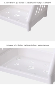 Close-up of cat paw hollow drainage holes and elevated legs on the desktop shelf