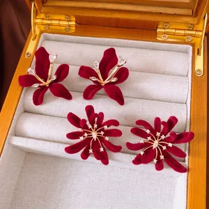 Flocking Red Flower Gold Plated Stud Earrings With Zircon Copper And 925 Sterling Silver Earring Post Elegant Jewelry