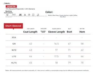 Tabella taglie per maglia yoga a maniche corte in nylon riciclato con dettagli misure