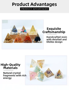 Detailed macro view of handmade epoxy resin pyramid with natural crystals and gold foil