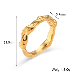 Irregular textured gold plated stainless steel ring with 21.5mm diameter and wavy organic design
