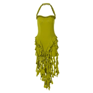 Sexy olivgrünes Neckholder Kleid ärmellos mit Rüschensaum und schmaler Passform