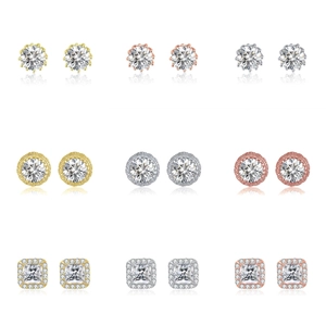 Macro display of 925 silver stud earrings in round and square designs with triple plating