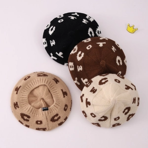 Autumn kids knit beret set in four colors with letter jacquard and brand tag