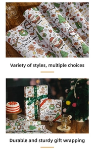 Detail view of festive Christmas wrapping paper rolls featuring Santa and reindeer motifs