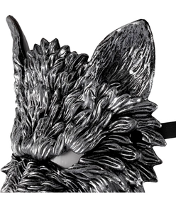 Detailed close-up of a silver-black wolf mask showing realistic 3D fur textures and design