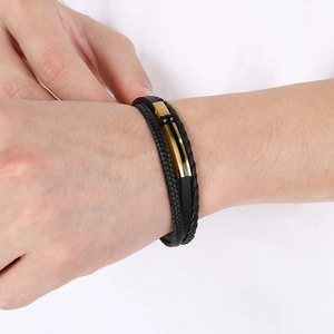 Men's multilayer black braided leather bracelet with gold magnetic clasp and steel plate