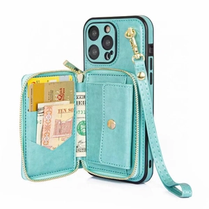 Detail view of light blue leather crossbody phone wallet with zipper pocket and card slots