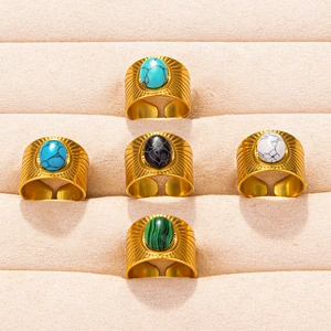 Bohemian 304 stainless steel open rings with oval gemstones in a velvet jewelry box