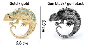 Detailed size specifications for gold and gun black chameleon lizard animal brooches