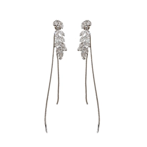 Silver needle earrings with zircon wheat ears and long tassels on white background