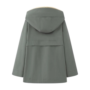 Back view of grey-green hooded parka jacket for women with thick lamb wool lining