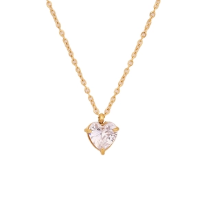 Detail einer Goldkette mit einem rosafarbenen herzförmigen Edelstein-Anhänger in 3er-Krappe