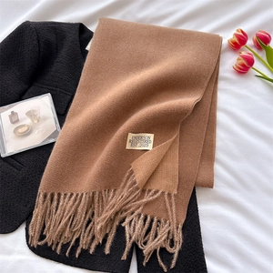 Detail of camel cashmere-like scarf with fringe on tweed coat and tulip decor