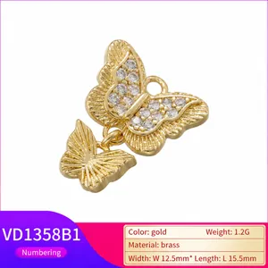 18K gold plated brass butterfly pendant featuring white cubic zirconia stone inlays