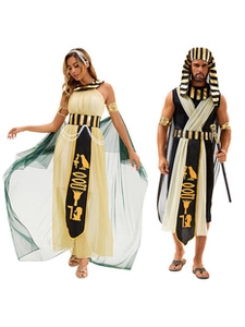 Detail of ancient Egyptian Pharaoh and Cleopatra costumes with gold accents and accessories