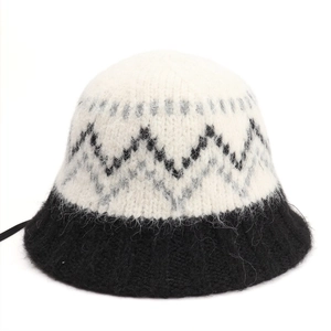 Detail of soft diamond pattern knit bucket hat featuring warm mohair texture