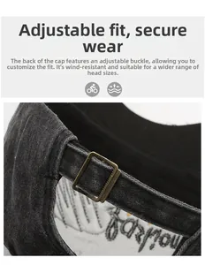 Detail of adjustable metal buckle and stitching on vintage washed cotton baseball cap
