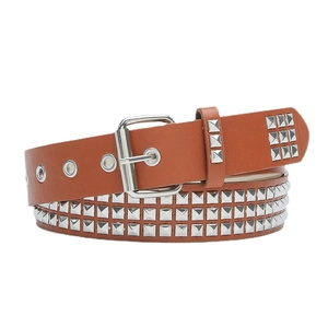Classic brown punk belt with triple-row silver pyramid studs and metal eyelets