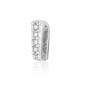 Macro shot of silver column pendant clasp with micro-set zircons and beaded texture