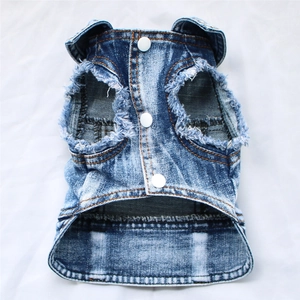 Gilet in denim lavato per animali con anello per guinzaglio e dettagli sfrangiati blu