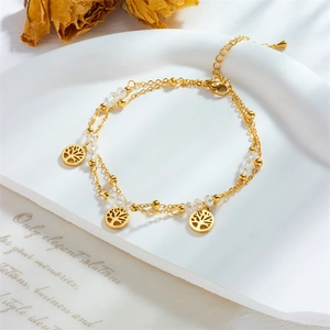 Dual-layer gold tree of life anklet with crystal beads and polished steel chains