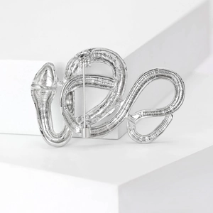 Detailed back view of silver snake brooch showing secure metal pin and textured finish