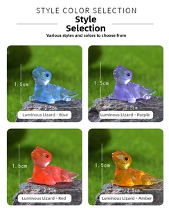Detailed size view of luminous resin lizard figurines in blue, purple, red, and amber