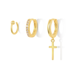 Detailed view of 3-piece gold jewelry set with ear cuff, diamond hoop, and cross pendant