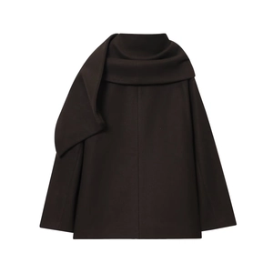 Detail of dark brown wool coat showing scarf collar texture and fabric on white background
