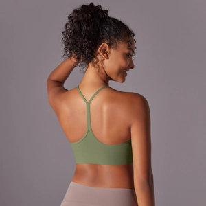 Olive green racerback sports bra with Y-back design for running and fitness training