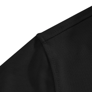 Close-up of black quick-dry polo shirt showing fabric texture and neat stitching seams