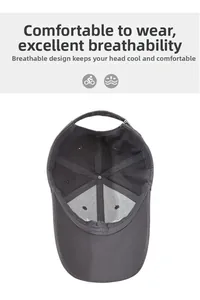 Detail of dark grey baseball cap interior showing breathable holes and metal buckle