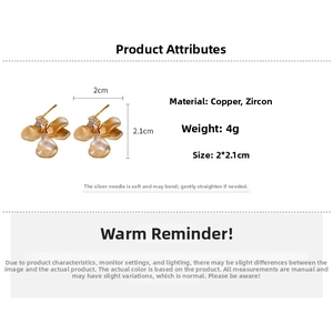 Detailed specs of floral zircon earrings made of copper with 2x2.1cm size and 4g weight