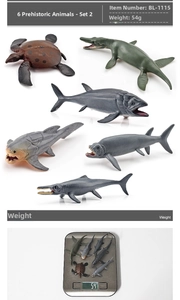 Detail of 6-piece prehistoric sea animal model set with weights and dimensions
