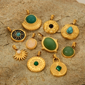 Vintage Stainless Steel Pendants With Natural Stone Inlaid Gold Plated Retro Bohemian Style For DIY Jewelry Making