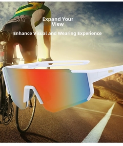 Close-up of white outdoor sports glasses with rainbow gradient lens and hollowed design