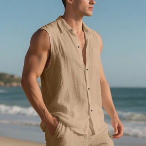 Men's khaki linen sleeveless beach shirt with lapel collar shown in outdoor scene